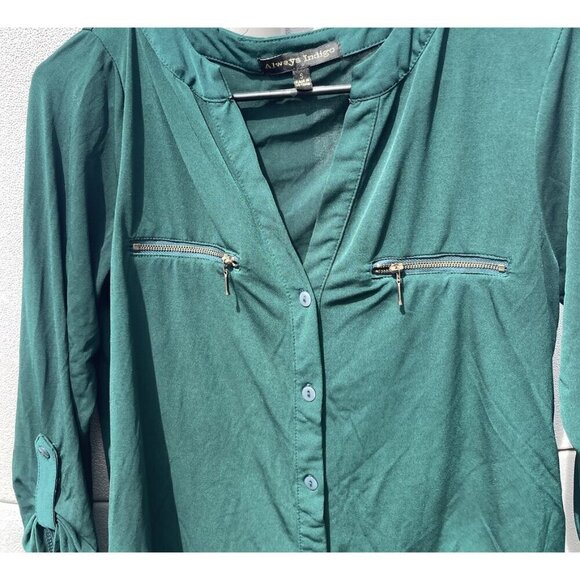 Always Indigo Women’s Sz S Green Sheer Colorful Button Down Shirt Top Blouse - Picture 8 of 16